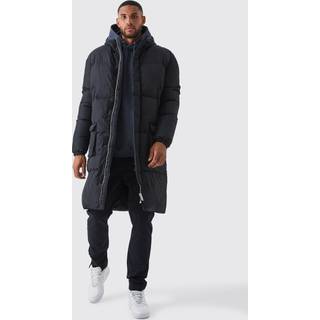 Mens Tall 4 Pocket Longline Hooded Puffer Jacket in Black