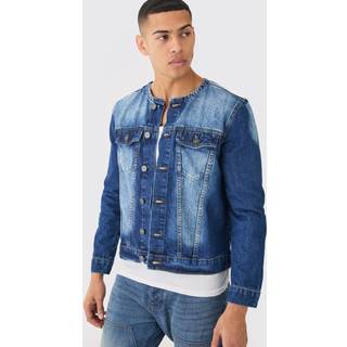 Mens Collarless Denim Jacket In Indigo