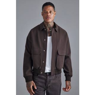 Mens Chocolate Boxy Melton Collared Bomber