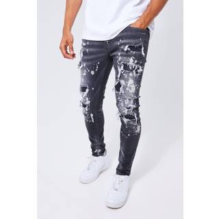 Mens Grey Skinny Stetch All Over Ripped Bleached Jeans
