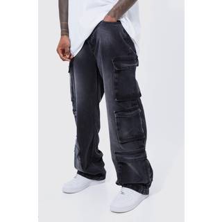 Mens Black Baggy Rigid Multi Pocket Cargo Bleached Jeans