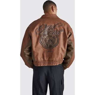 Mens Tan Boxy Tumbled Pu Collared Varsity Jacket