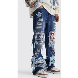 Mens Antique Blue Relaxed Rigid Flare Applique Jeans