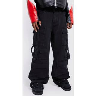 Mens Black Baggy Rigid Multi Pocket Flare Jeans