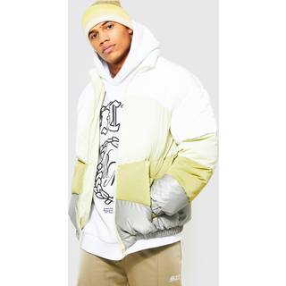 Mens Lime Oversized Colour Block Funnel Neck Puffer