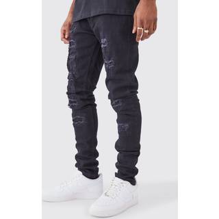Mens True Black Tall Skinny Stacked Distressed Ripped Jeans