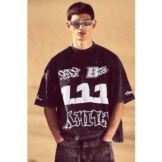 Mens Black Oversized Boxy Extended Neck Puff Print Washed T-shirt