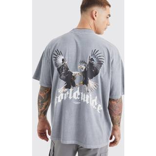 Mens Grey Washed Oversized Extended Neck Eagle Graphic T-shirt