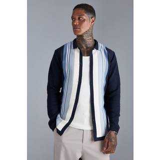 Mens Navy Long Sleeve Colour Block Knitted Shirt
