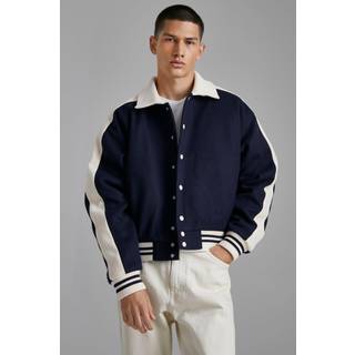 Mens Navy Boxy Melton Knitted Collar Harrington Jacket