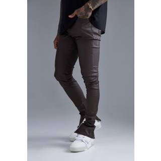 Mens Dark Brown Skinny Stacked Zip Hem Coated Jeans