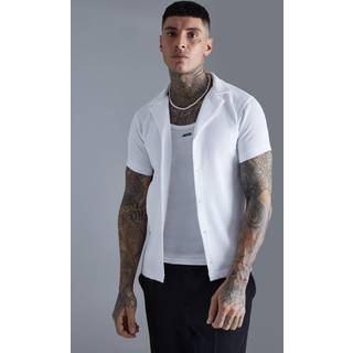 Mens White Short Sleeve Revere Stretch Fit Pleated Shirt