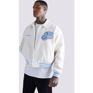 Mens Ecru Boxy Melton Varsity Jacket