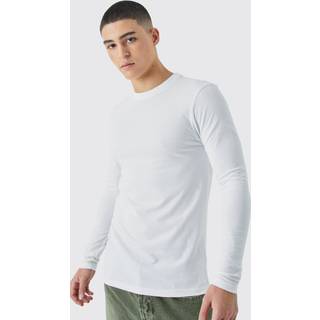 Mens White Basic Long Sleeve Muscle Fit Crew Neck T-Shirt