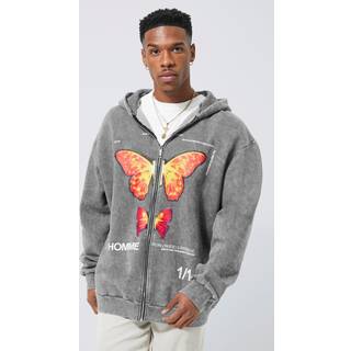 Mens Charcoal Oversized Washed Graphic Zip Through Hoodie