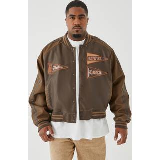 Mens Chocolate Plus Boxy Tumbled Pu Pannelled Varsity Jacket
