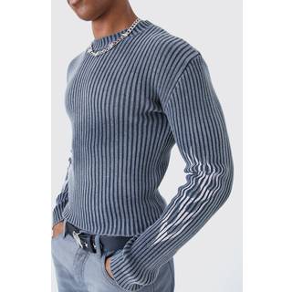 Mens Black Muscle Fit Ribbed Acid Wash Knit Jumper