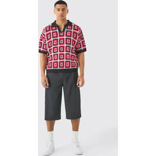 Mens Short Sleeve Boxy Fit Revere Crochet Polo In Red