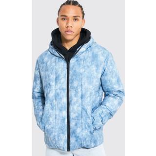 Mens Light Blue Tall Tie Dye Square Panel Hooded Puffer