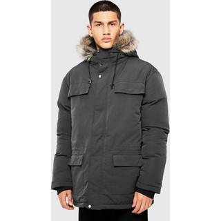 Mens Charcoal Faux Fur Hooded Arctic Parka
