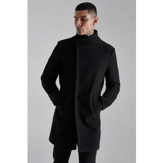 Mens Funnel Neck Wool Look Overcoat in Black