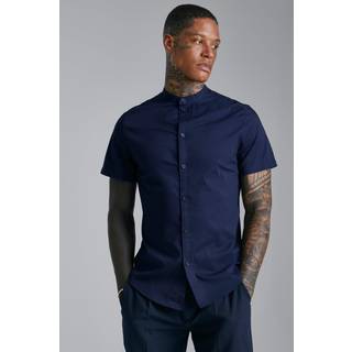 Mens Navy Short Sleeve Grandad Slim Fit Shirt