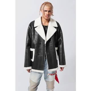 Mens Black Tall Faux Suede Oversized Borg Trim Aviator Jacket