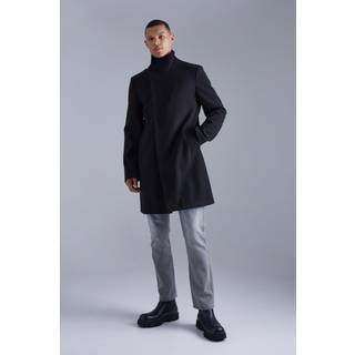 Mens Tall Funnel Neck Wool Look Overcoat in Black