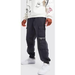 Mens Black Elasticated Waist Multi Pocket Zip Cargo Trouser