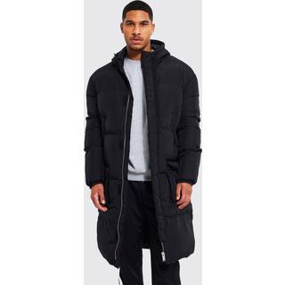 Mens Tall 4 Pocket Longline Hooded Puffer Jacket in Black
