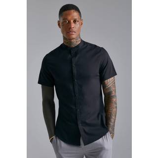 Mens Black Short Sleeve Grandad Stretch Fit Shirt