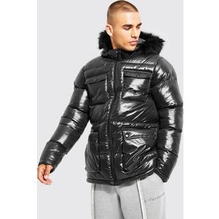 Mens Black High Shine 4 Pocket Fur Trim Hood Parka