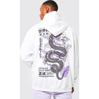 Mens White Oversized Dragon Graphic Hoodie