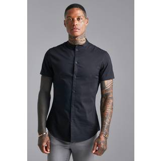 Mens Black Short Sleeve Grandad Slim Fit Shirt
