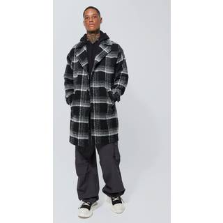 Mens Black Wool Look Check Single Breasted Overcoat