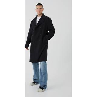 Mens Tall Double Breasted Wool Look Overcoat in Black