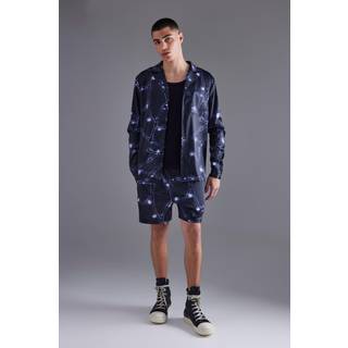 Mens Black Long Sleeve Revere Barbwire Satin Short Set