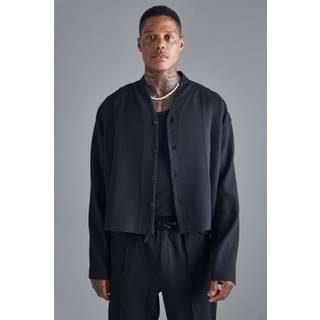 Mens Black Pleated Long Sleeve Collarless Boxy Shirt