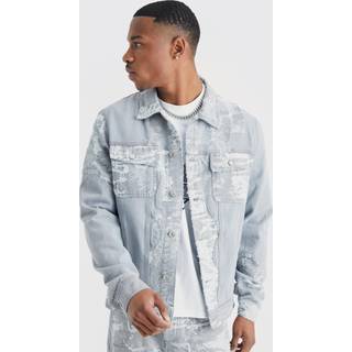 Mens Light Grey Regular Fit Spliced Jacquard And Denim Jacket