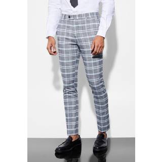Mens Light Grey Skinny Fit Checked Suit Trousers
