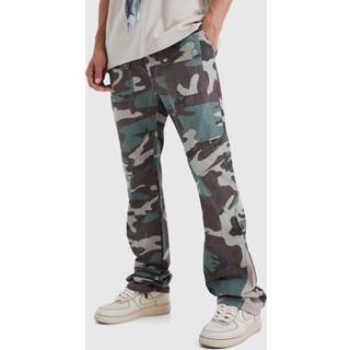Mens Khaki Tall Slim Stacked Gusset Flare Multi Cargo Camo Trouser