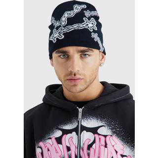 Mens Black Barbed Wire Jacquard Beanie