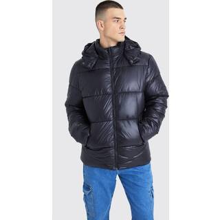 Mens Tall Hooded High Shine Puffer Jacket in Black