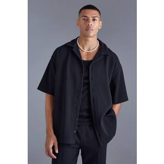 Mens Black Short Sleeve Revere Oversized Fit Pleated Shirt