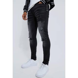 Mens Washed Black Skinny Stretch Rip And Repair Biker Washed Jeans