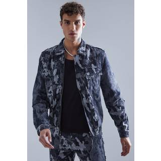 Mens Black Regular Fit Spliced Camo Denim Jacket