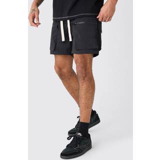 Mens Black Elasticated Waist Crinkle Nylon Zip Cargo Short