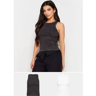 PixieGirl Petite PixieGirl Petite Black/White Acid Wash And Black Plain Vest Tops 2 Pack
