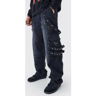 Mens Baggy Rigid Cargo Strap Jeans In Washed Black