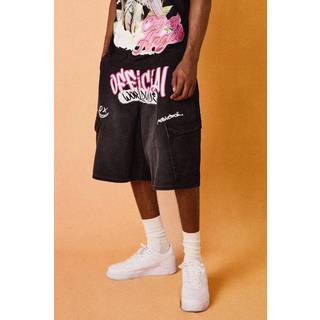 Mens Official Graphic Cargo Pocket Denim Parachute Jorts In Black